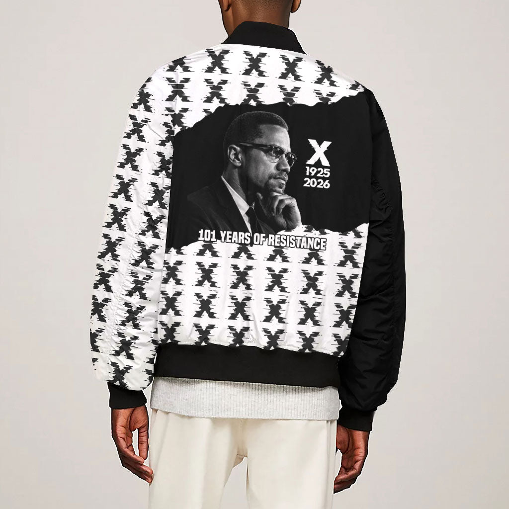 Malcolm X 101 Years Of Resistance Bomber Jacket Civil Rights Leader Portrait - Monochrome X Pattern