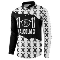 Malcolm X 101 Years Of Resistance Button Sweatshirt Civil Rights Leader Portrait - Monochrome X Pattern