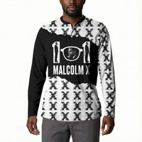 Malcolm X 101 Years Of Resistance Button Sweatshirt Civil Rights Leader Portrait - Monochrome X Pattern