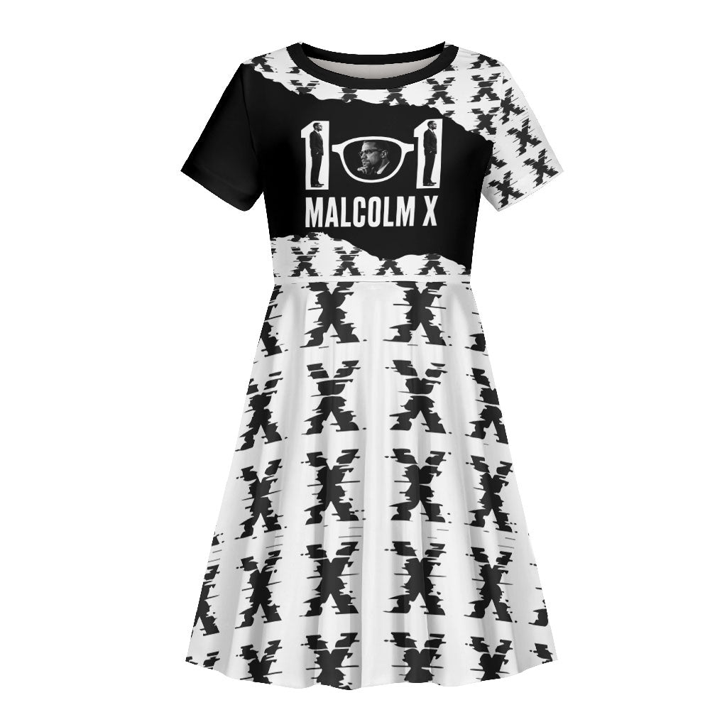 Malcolm X 101 Years Of Resistance Kid Short Sleeve Dress Civil Rights Leader Portrait - Monochrome X Pattern