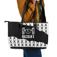 Malcolm X 101 Years Of Resistance Leather Tote Bag Civil Rights Leader Portrait - Monochrome X Pattern