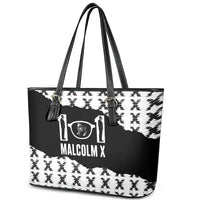 Malcolm X 101 Years Of Resistance Leather Tote Bag Civil Rights Leader Portrait - Monochrome X Pattern