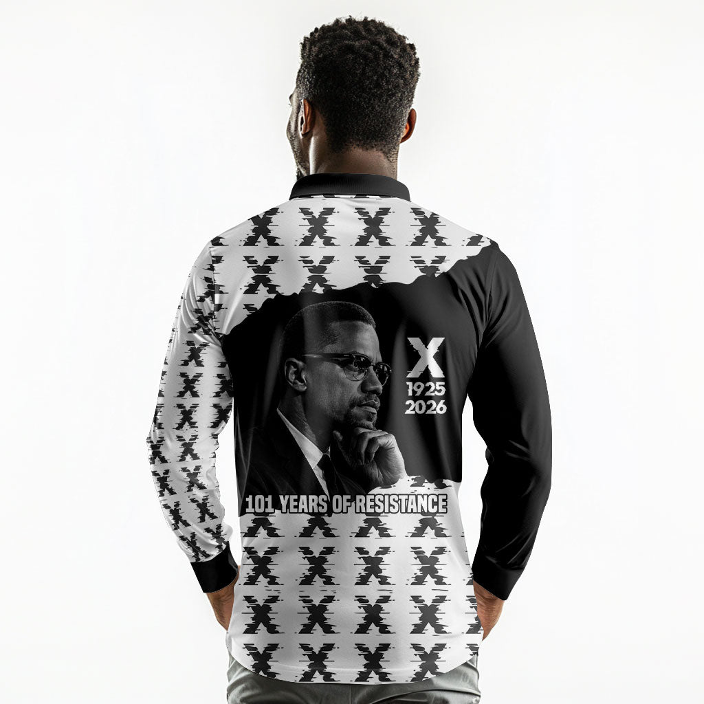 Malcolm X 101 Years Of Resistance Long Sleeve Polo Shirt Civil Rights Leader Portrait - Monochrome X Pattern