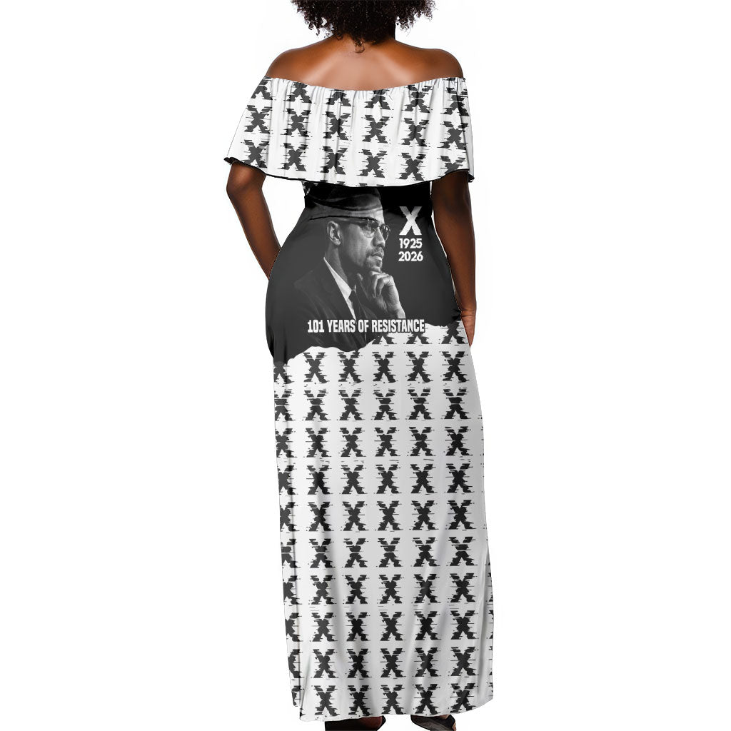 Malcolm X 101 Years Of Resistance Off Shoulder Maxi Dress Civil Rights Leader Portrait - Monochrome X Pattern