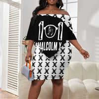Malcolm X 101 Years Of Resistance Off Shoulder Short Dress Civil Rights Leader Portrait - Monochrome X Pattern