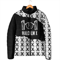 Malcolm X 101 Years Of Resistance Padded Jacket Civil Rights Leader Portrait - Monochrome X Pattern