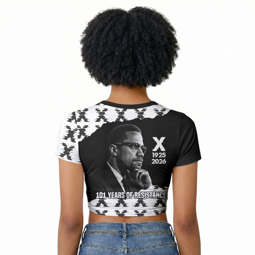 Malcolm X 101 Years Of Resistance Raglan Cropped T shirt Civil Rights Leader Portrait - Monochrome X Pattern