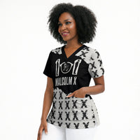 Malcolm X 101 Years Of Resistance Scrub Top Civil Rights Leader Portrait - Monochrome X Pattern