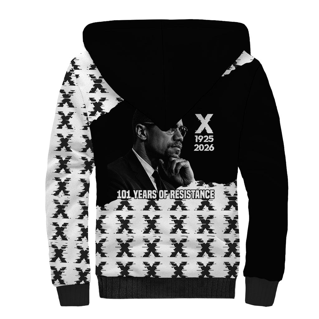 Malcolm X 101 Years Of Resistance Sherpa Hoodie Civil Rights Leader Portrait - Monochrome X Pattern