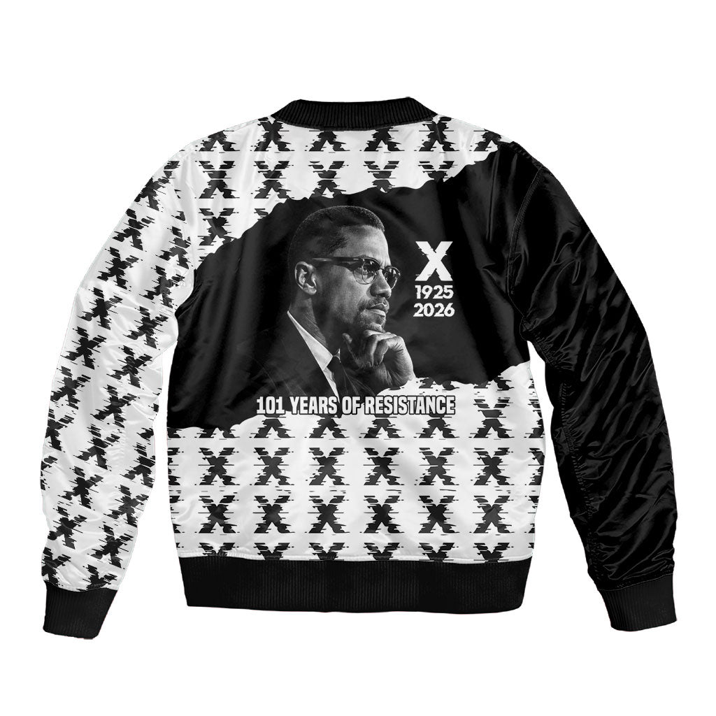 Malcolm X 101 Years Of Resistance Sleeve Zip Bomber Jacket Civil Rights Leader Portrait - Monochrome X Pattern