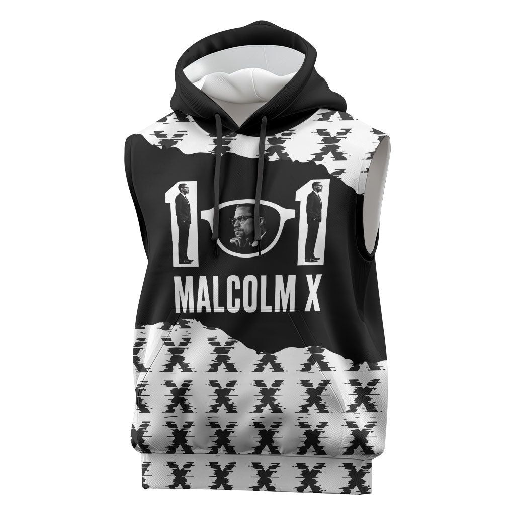 Malcolm X 101 Years Of Resistance Sleeveless Hoodie Civil Rights Leader Portrait - Monochrome X Pattern