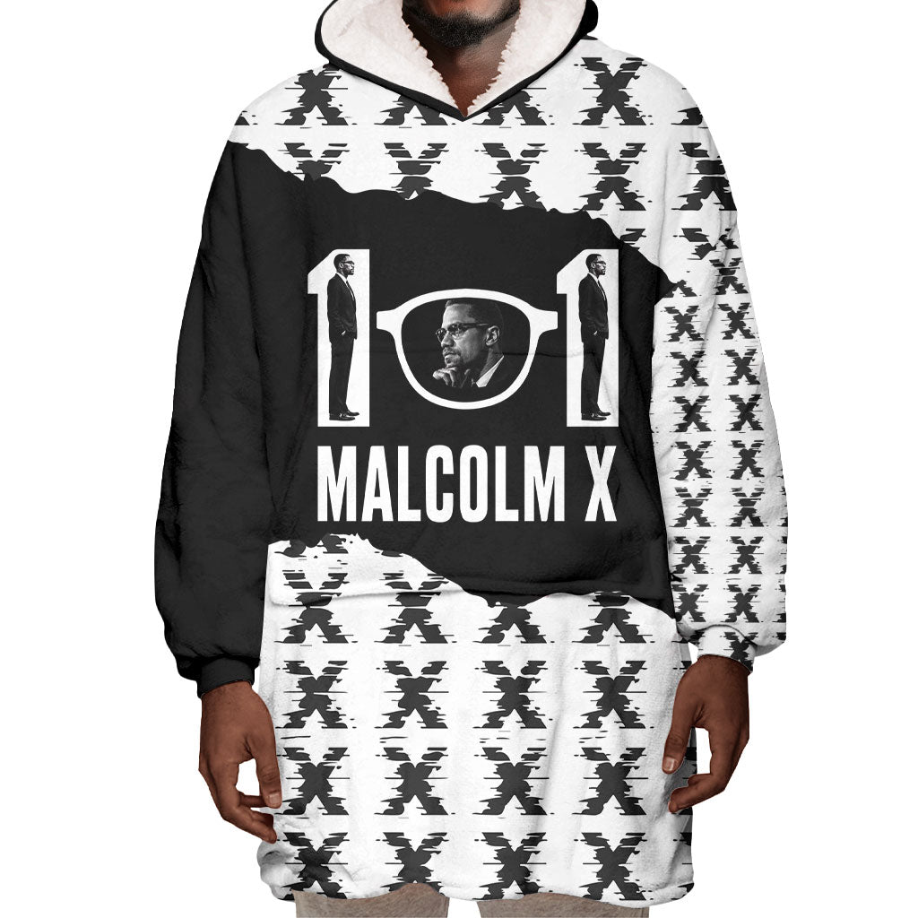 Malcolm X 101 Years Of Resistance Wearable Blanket Hoodie Civil Rights Leader Portrait - Monochrome X Pattern