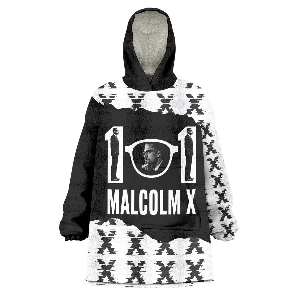 Malcolm X 101 Years Of Resistance Wearable Blanket Hoodie Civil Rights Leader Portrait - Monochrome X Pattern