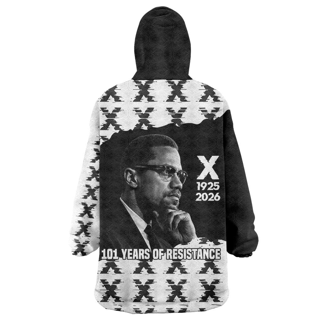 Malcolm X 101 Years Of Resistance Wearable Blanket Hoodie Civil Rights Leader Portrait - Monochrome X Pattern