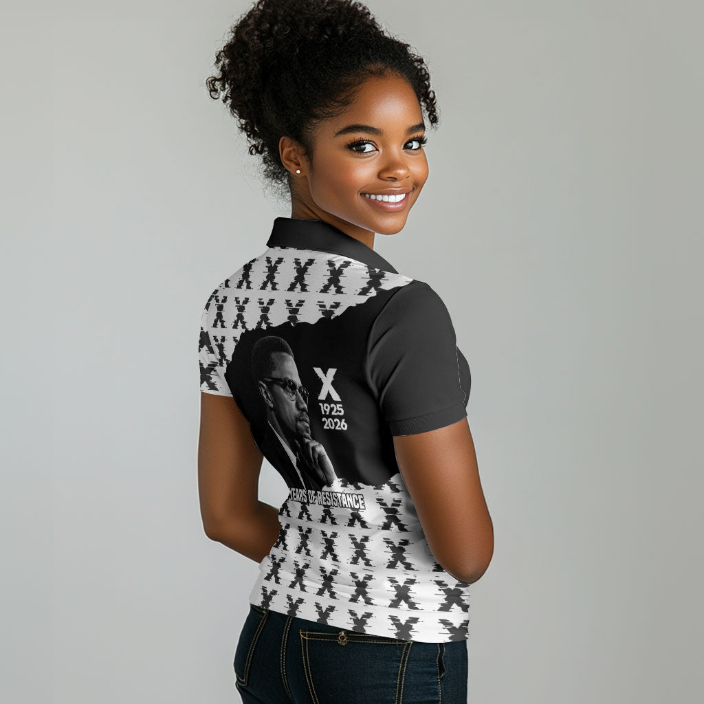 Malcolm X 101 Years Of Resistance Women Polo Shirt Civil Rights Leader Portrait - Monochrome X Pattern
