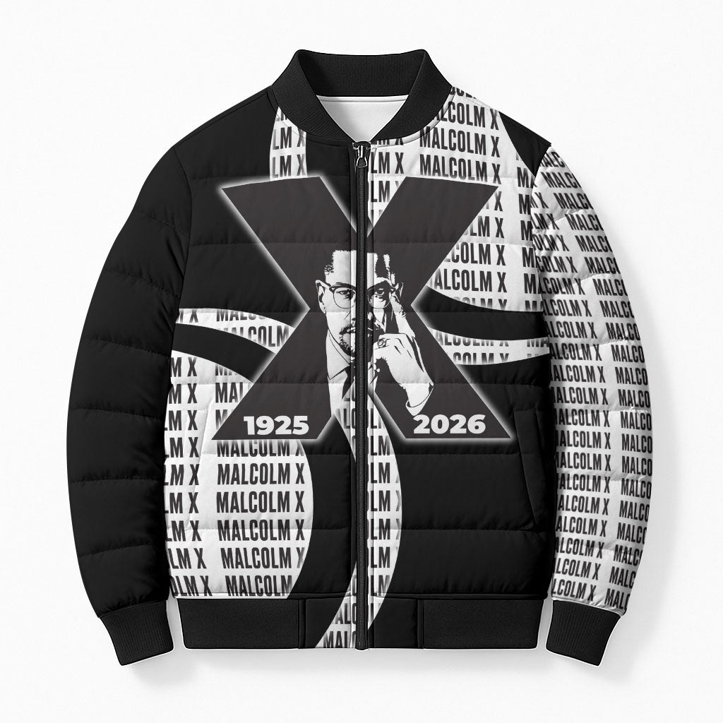 Malcolm X Legacy 1925-2026 Bomber Puffer Jacket African American Heritage - Iconic Portrait Silhouette