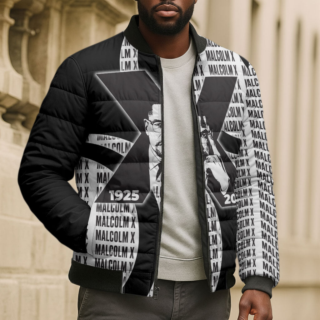 Malcolm X Legacy 1925-2026 Bomber Puffer Jacket African American Heritage - Iconic Portrait Silhouette