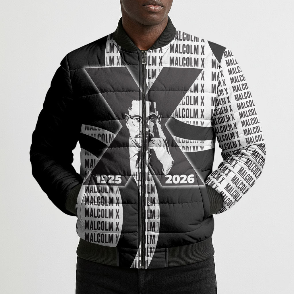 Malcolm X Legacy 1925-2026 Bomber Puffer Jacket African American Heritage - Iconic Portrait Silhouette