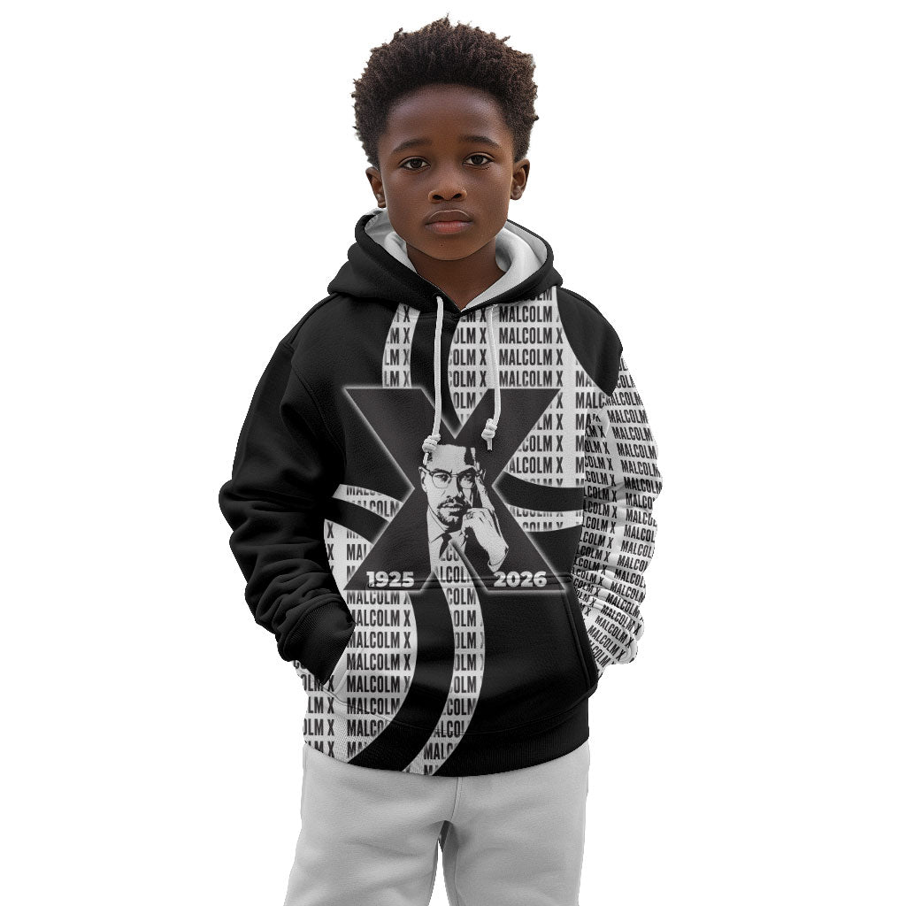 Malcolm X Legacy 1925-2026 Kid Hoodie African American Heritage - Iconic Portrait Silhouette
