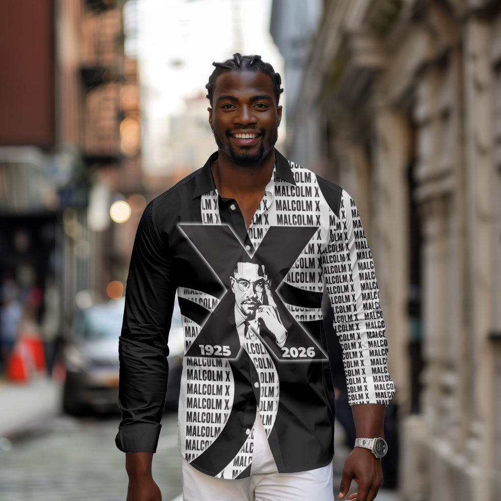 Malcolm X Legacy 1925-2026 Long Sleeve Button Shirt African American Heritage - Iconic Portrait Silhouette