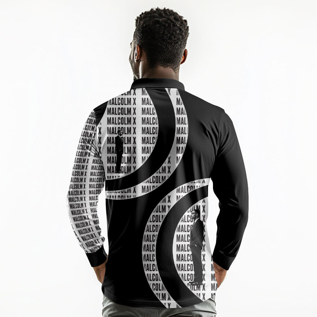Malcolm X Legacy 1925-2026 Long Sleeve Polo Shirt African American Heritage - Iconic Portrait Silhouette