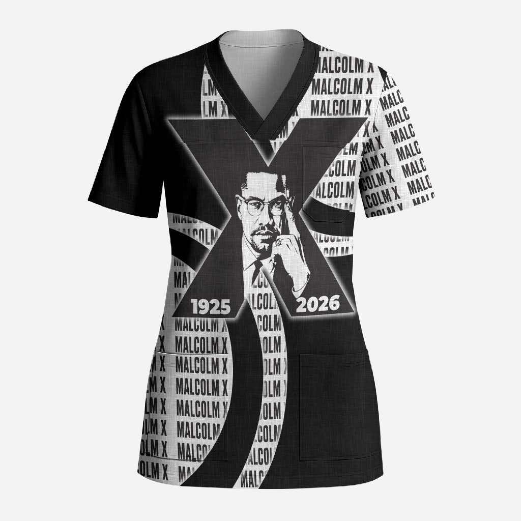 Malcolm X Legacy 1925-2026 Scrub Top African American Heritage - Iconic Portrait Silhouette