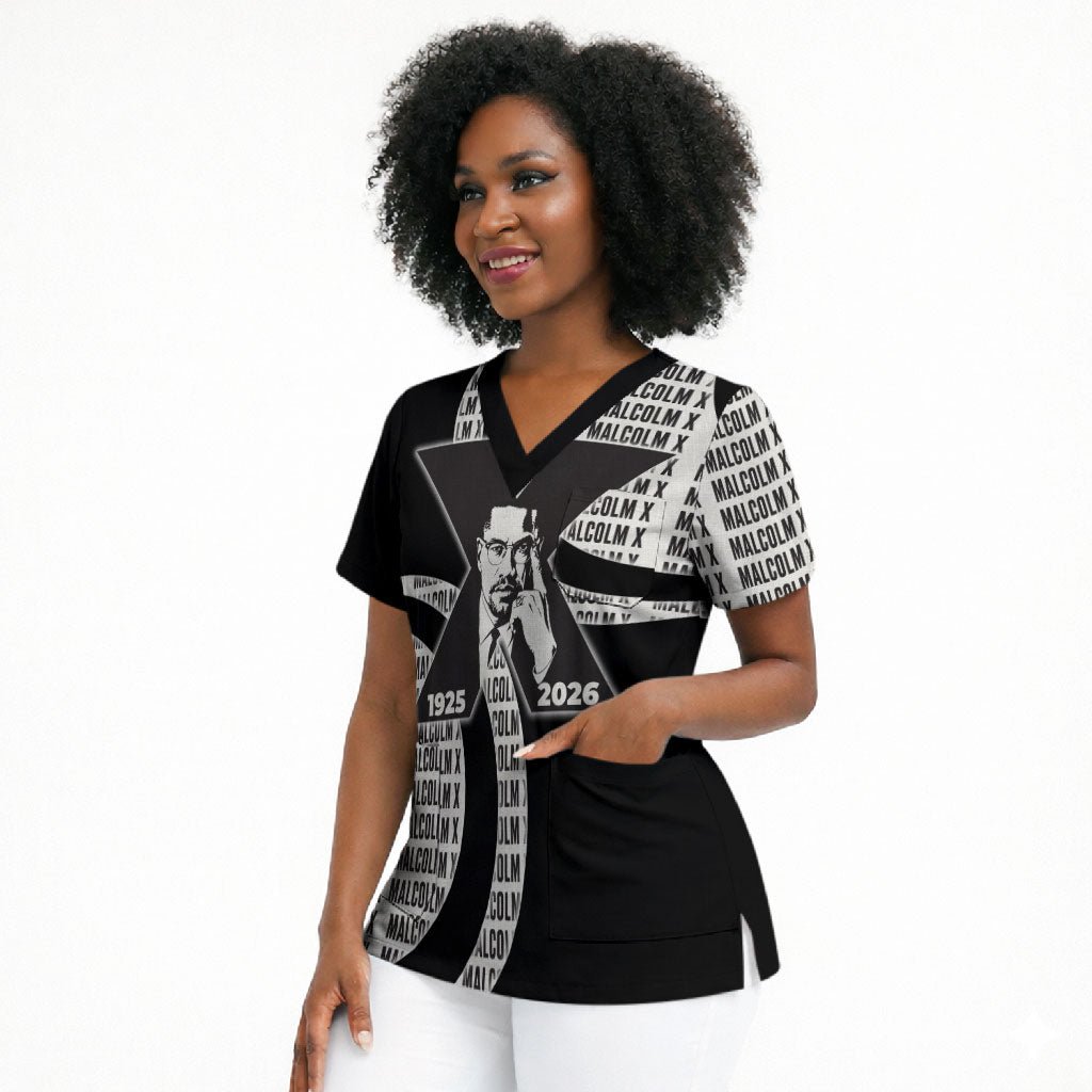 Malcolm X Legacy 1925-2026 Scrub Top African American Heritage - Iconic Portrait Silhouette