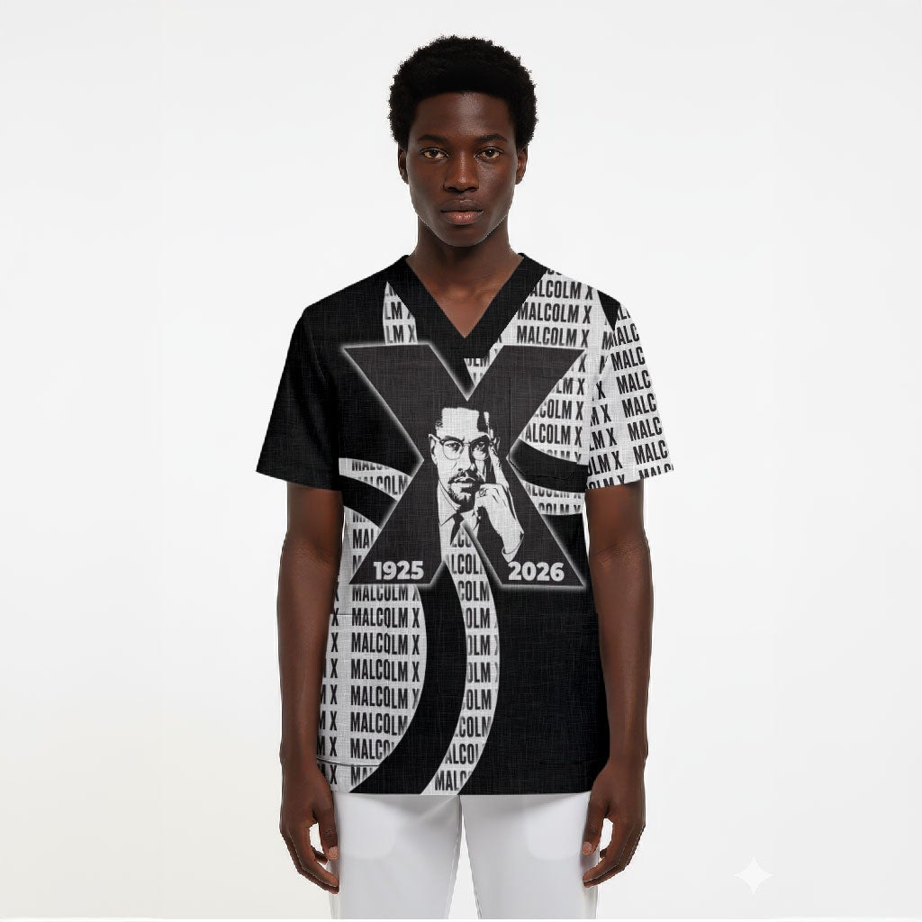 Malcolm X Legacy 1925-2026 Scrub Top African American Heritage - Iconic Portrait Silhouette