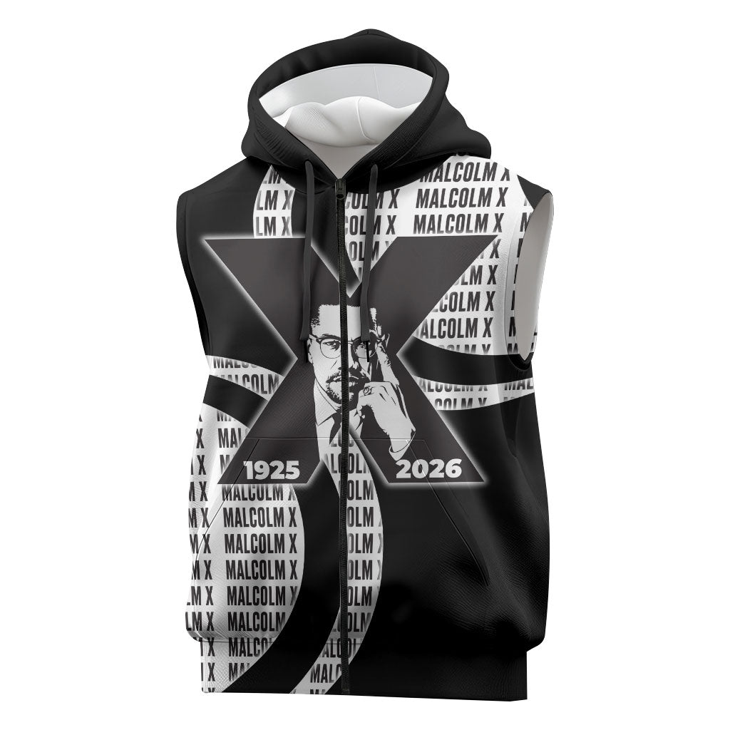 Malcolm X Legacy 1925-2026 Sleeveless Zip Hoodie African American Heritage - Iconic Portrait Silhouette
