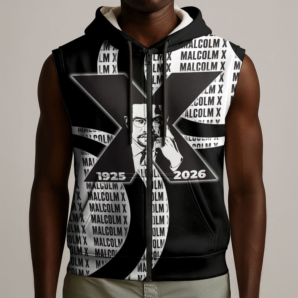 Malcolm X Legacy 1925-2026 Sleeveless Zip Hoodie African American Heritage - Iconic Portrait Silhouette