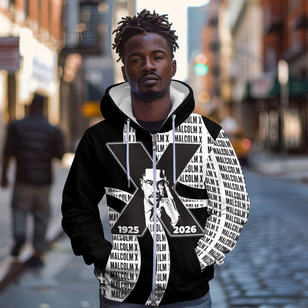 Malcolm X Legacy 1925-2026 Zip Hoodie African American Heritage - Iconic Portrait Silhouette