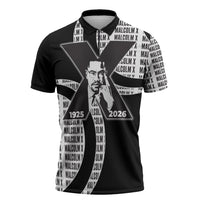 Malcolm X Legacy 1925-2026 Zipper Polo Shirt African American Heritage - Iconic Portrait Silhouette