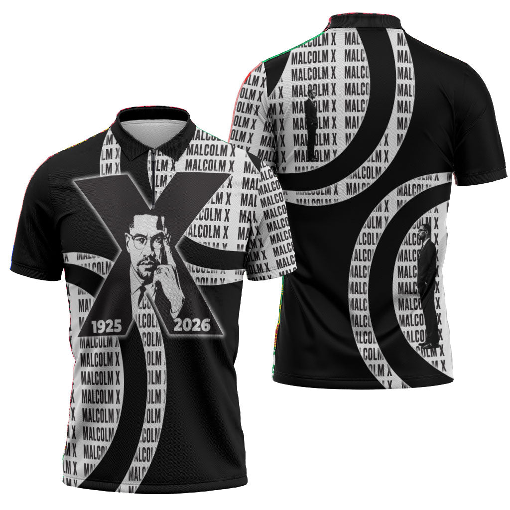 Malcolm X Legacy 1925-2026 Zipper Polo Shirt African American Heritage - Iconic Portrait Silhouette