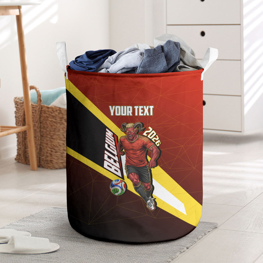 Personalized Belgium Red Devils Football Mascot Laundry Basket Fierce Devil Graphic With Belgian Flag