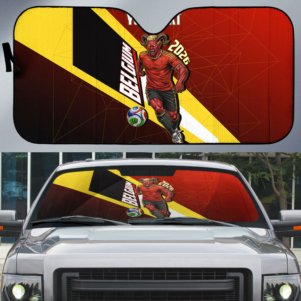 Personalized Belgium Red Devils Football Mascot Auto Sun Shade Fierce Devil Graphic With Belgian Flag