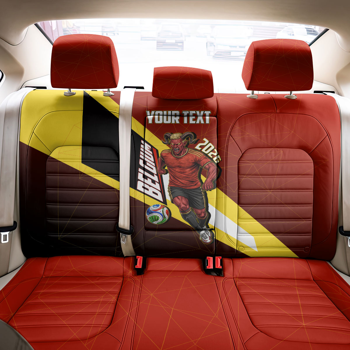 Personalized Belgium Red Devils Football Mascot Back Car Seat Cover Fierce Devil Graphic With Belgian Flag