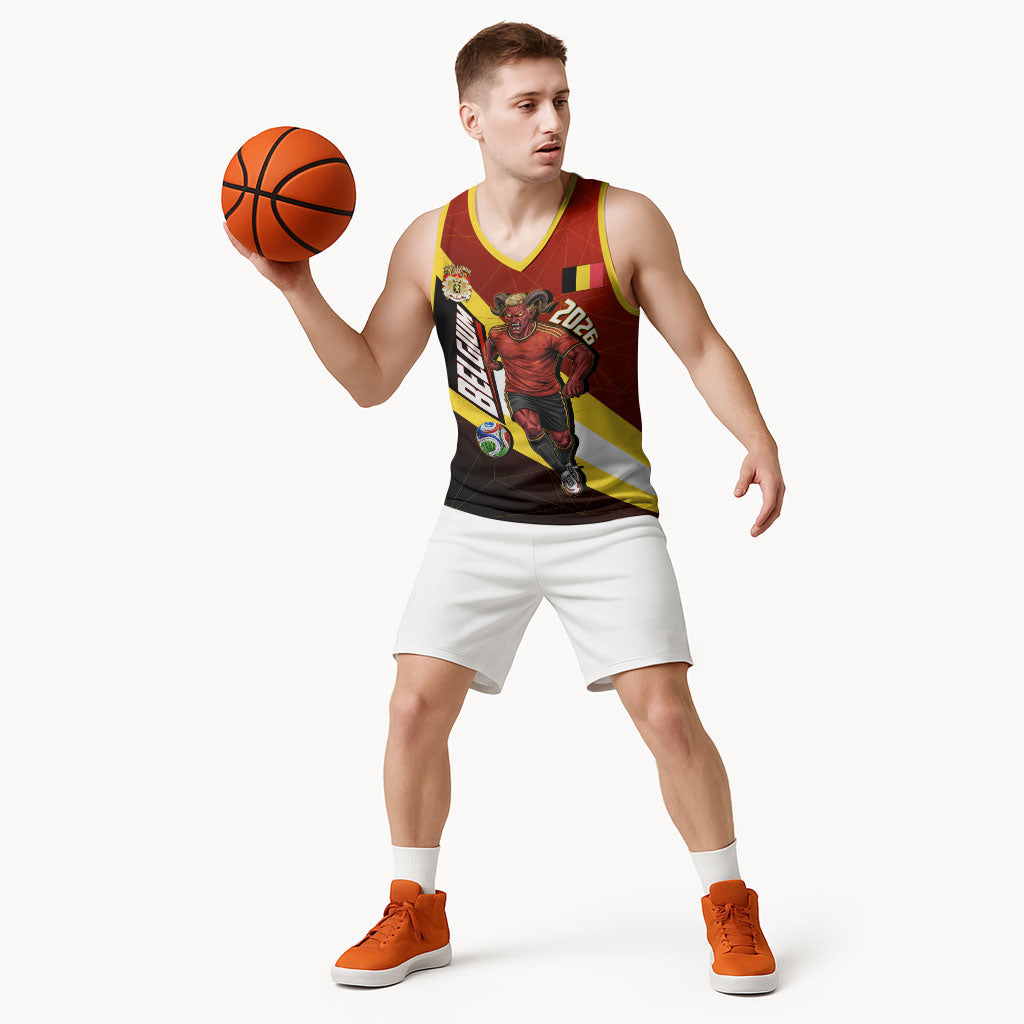 Personalized Belgium Red Devils Football Mascot Basketball Jersey Fierce Devil Graphic With Belgian Flag