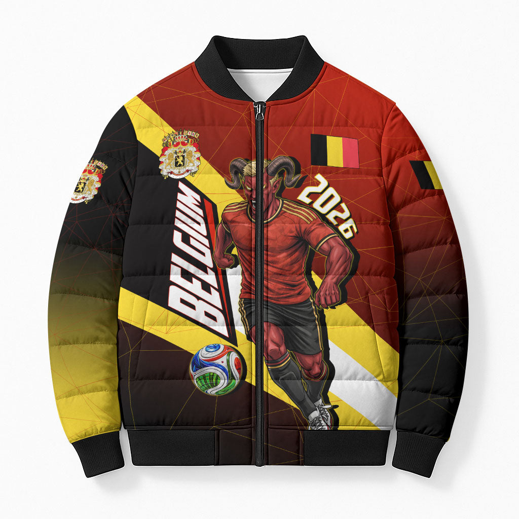 Personalized Belgium Red Devils Football Mascot Bomber Puffer Jacket Fierce Devil Graphic With Belgian Flag