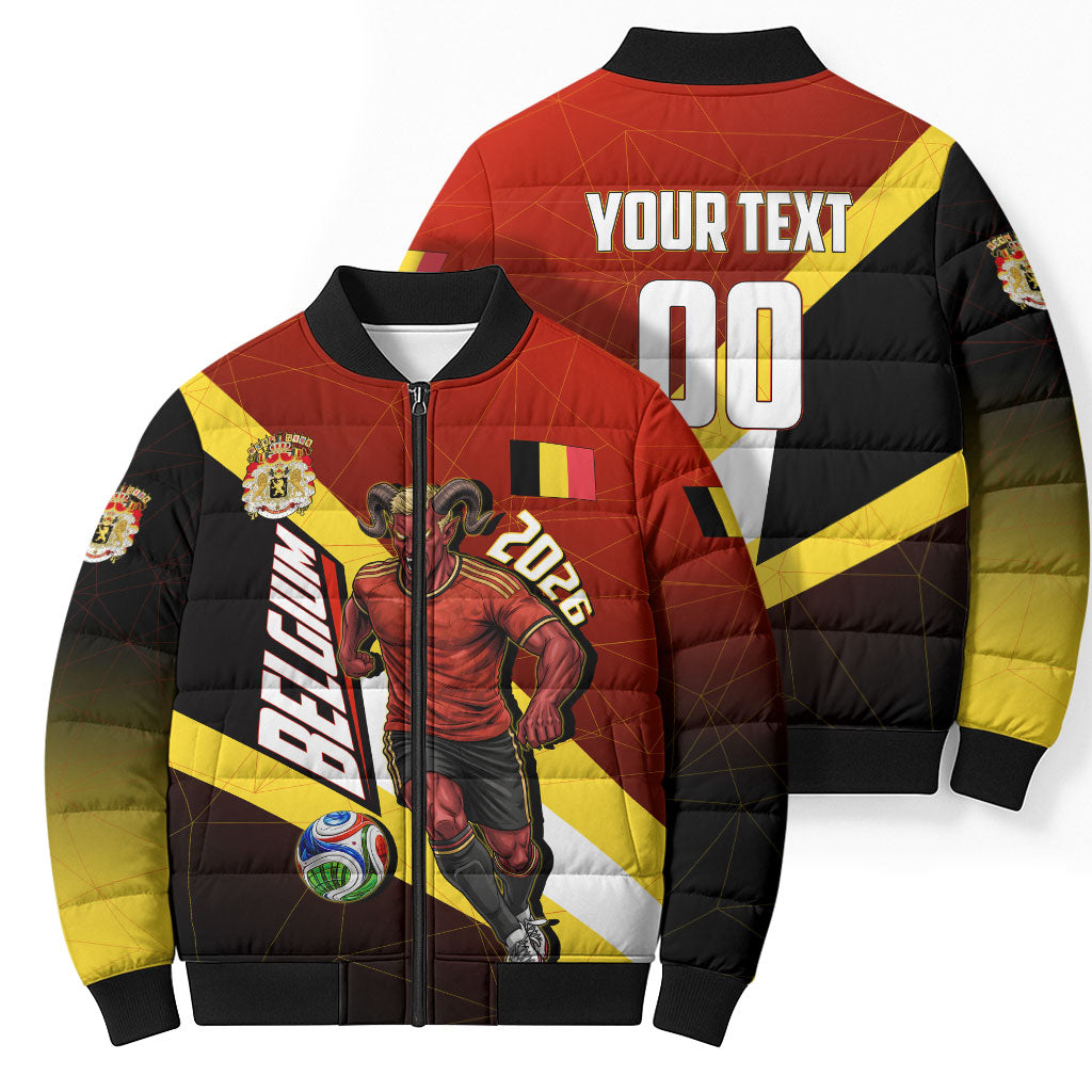 Personalized Belgium Red Devils Football Mascot Bomber Puffer Jacket Fierce Devil Graphic With Belgian Flag