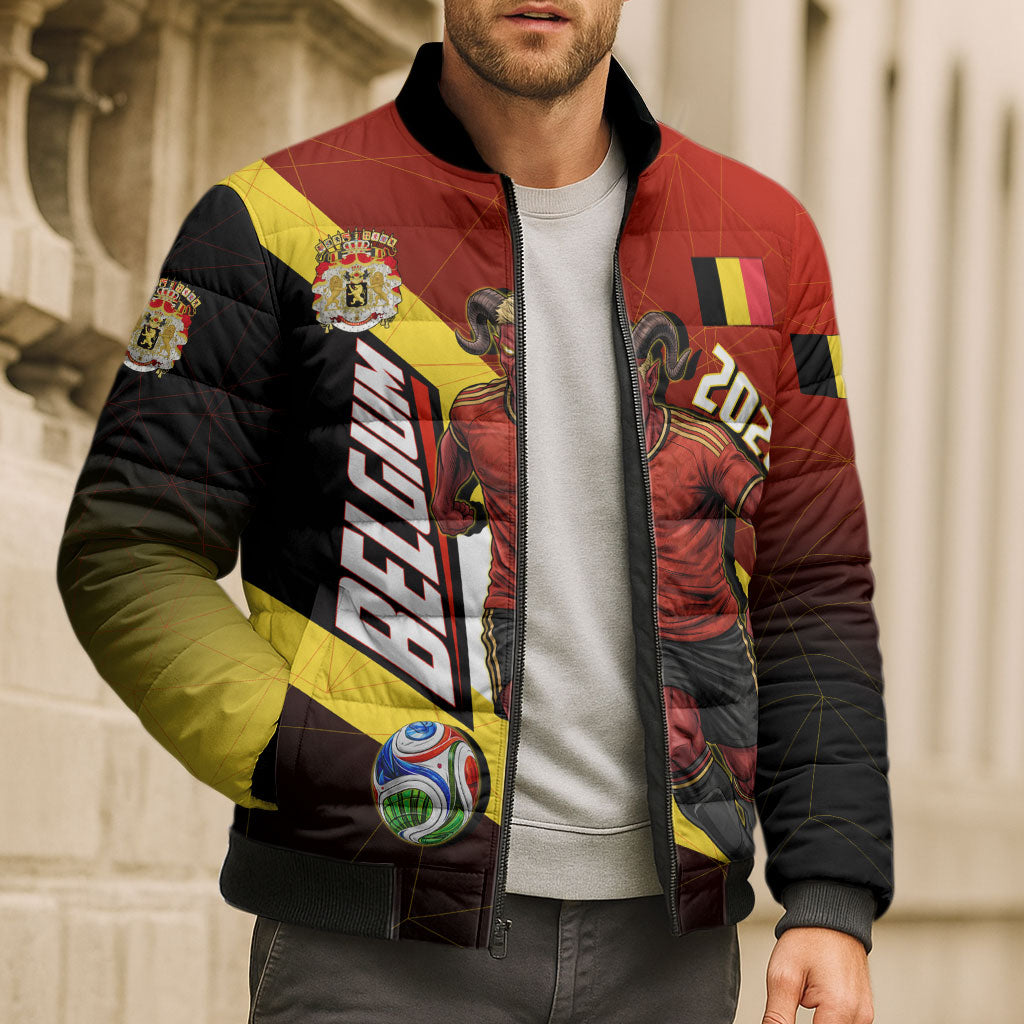 Personalized Belgium Red Devils Football Mascot Bomber Puffer Jacket Fierce Devil Graphic With Belgian Flag