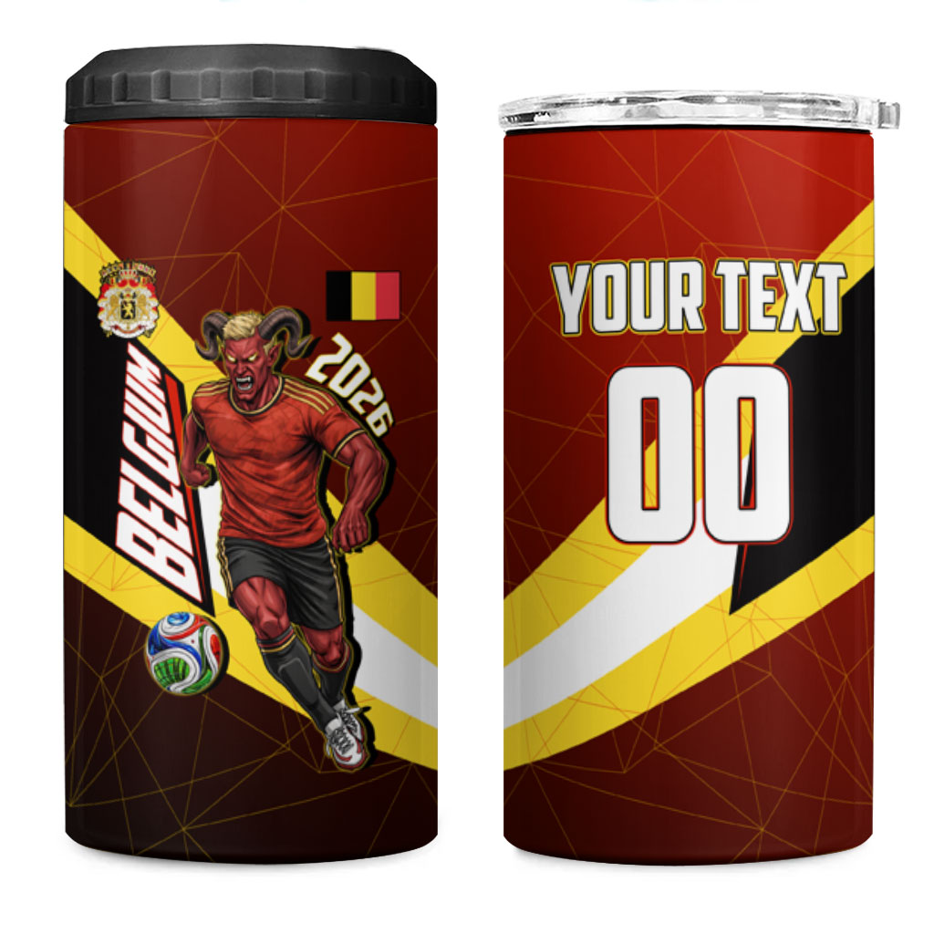 Personalized Belgium Red Devils Football Mascot 4 in 1 Can Cooler Tumbler Fierce Devil Graphic With Belgian Flag