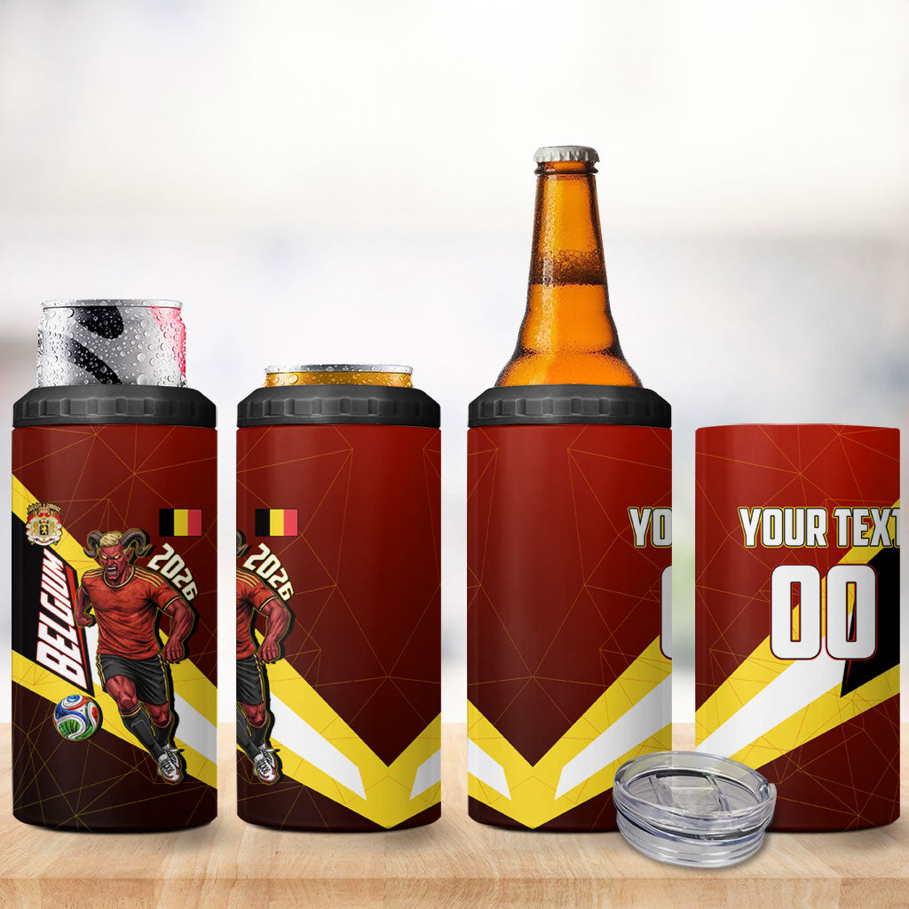 Personalized Belgium Red Devils Football Mascot 4 in 1 Can Cooler Tumbler Fierce Devil Graphic With Belgian Flag