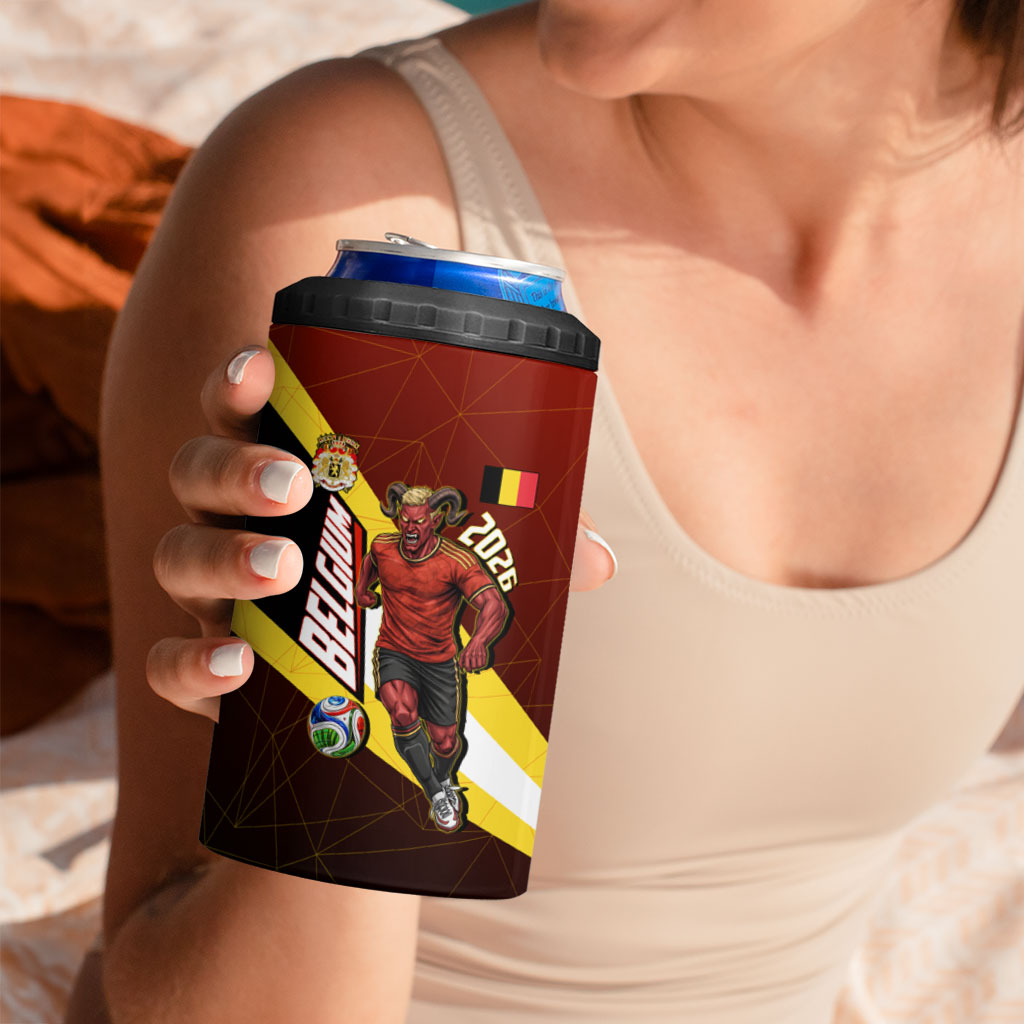 Personalized Belgium Red Devils Football Mascot 4 in 1 Can Cooler Tumbler Fierce Devil Graphic With Belgian Flag