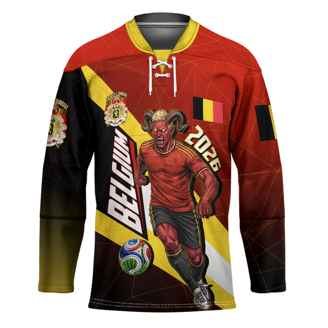 Personalized Belgium Red Devils Football Mascot Hockey Jersey Fierce Devil Graphic With Belgian Flag