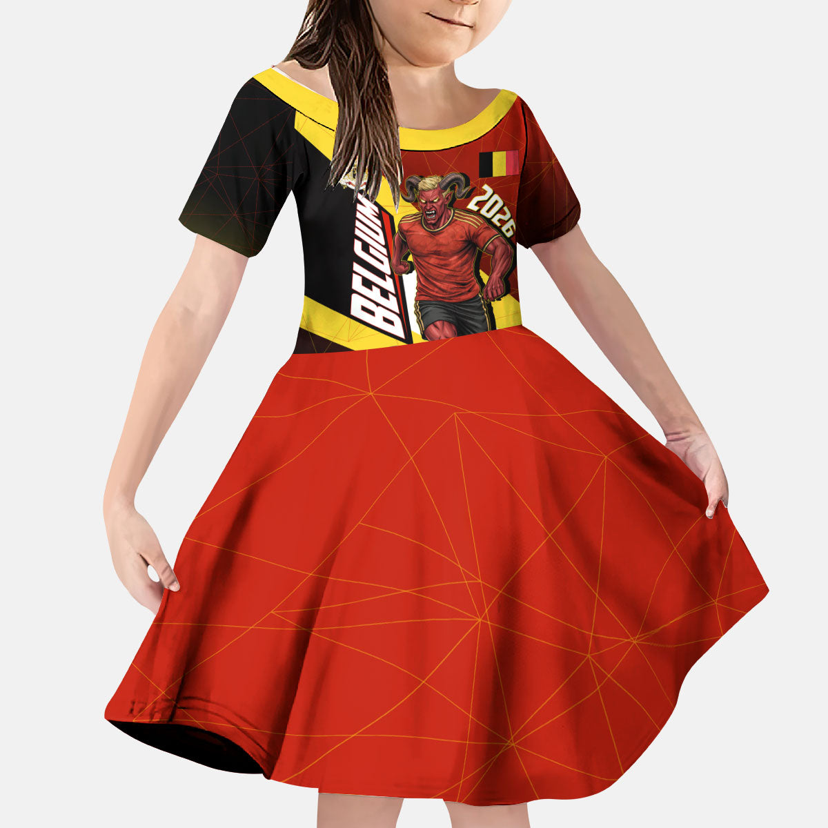 Personalized Belgium Red Devils Football Mascot Kid Short Sleeve Dress Fierce Devil Graphic With Belgian Flag