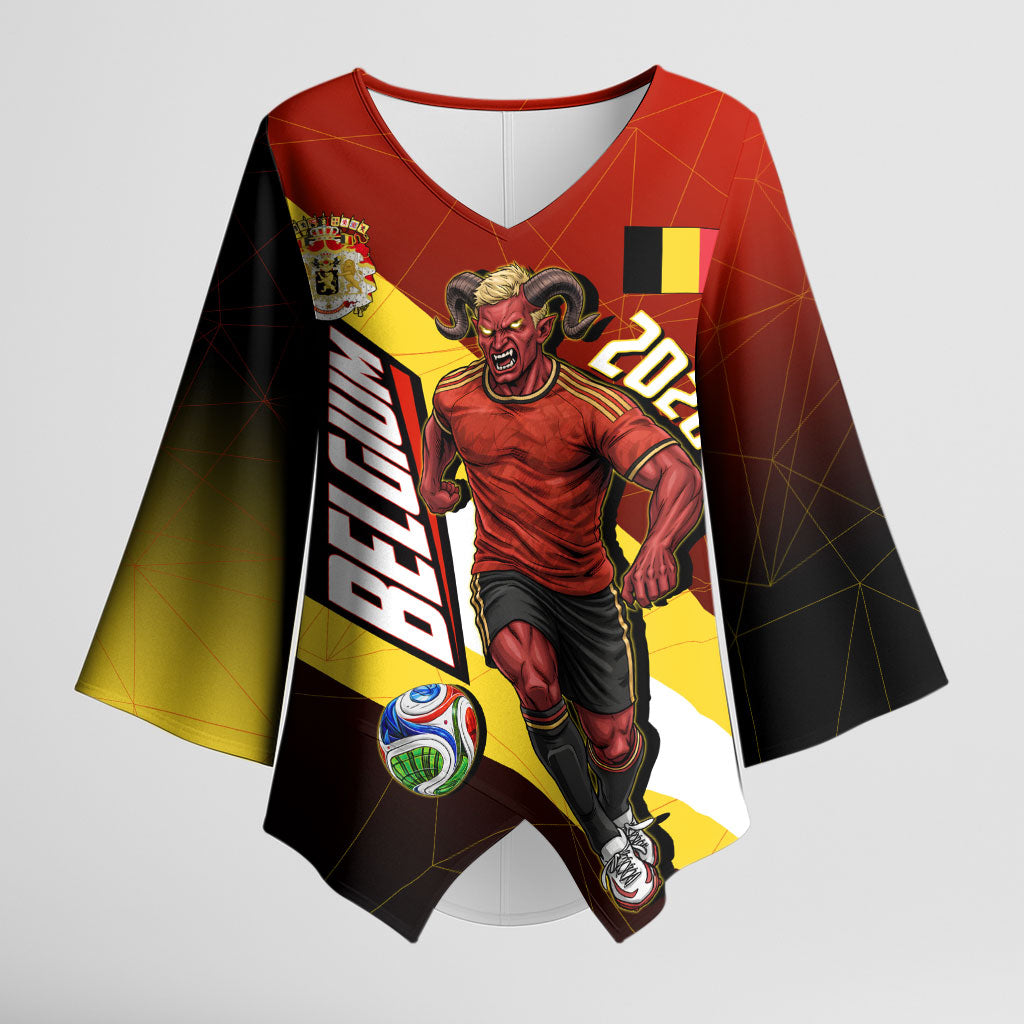 Personalized Belgium Red Devils Football Mascot Kimono Sleeve Blouse Fierce Devil Graphic With Belgian Flag
