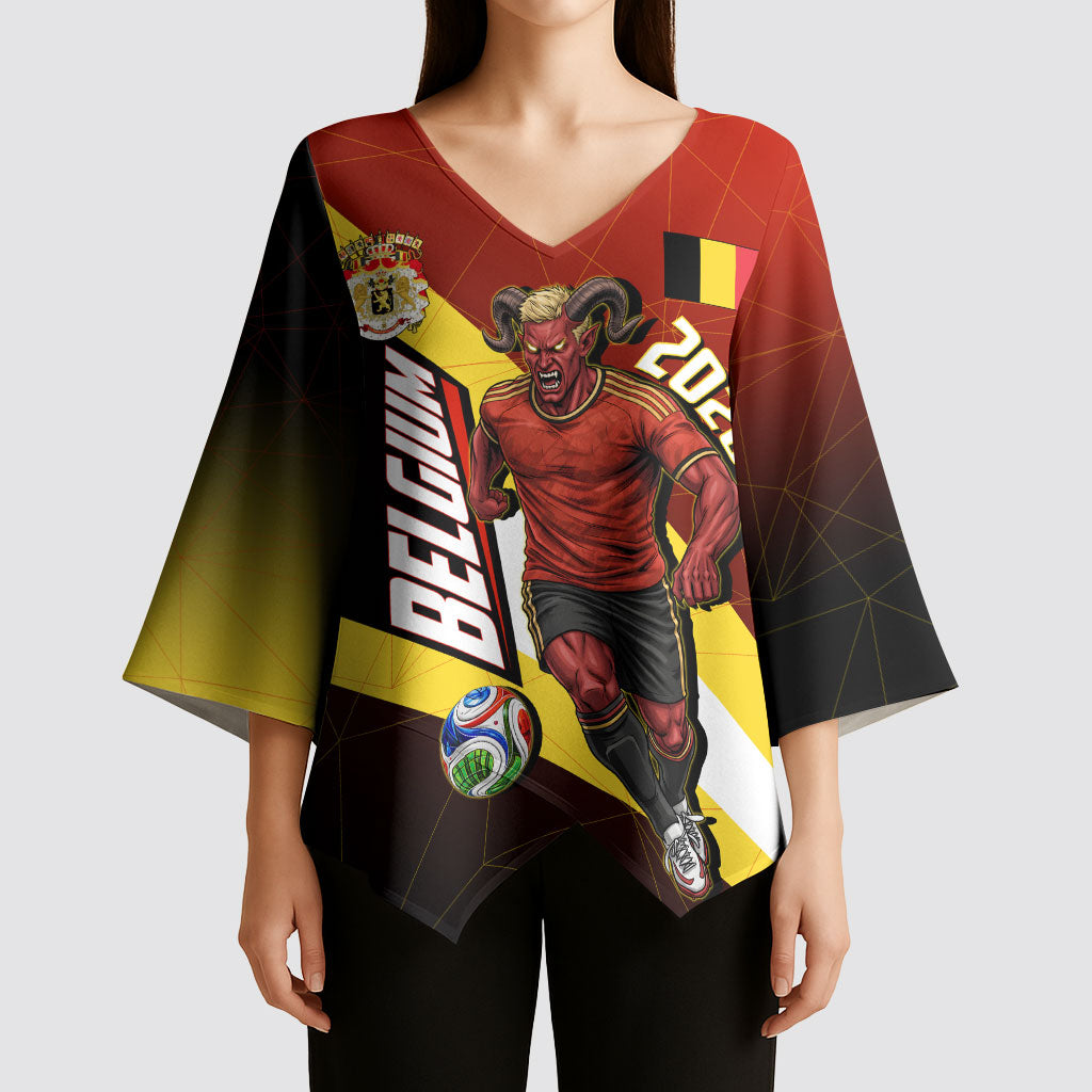Personalized Belgium Red Devils Football Mascot Kimono Sleeve Blouse Fierce Devil Graphic With Belgian Flag