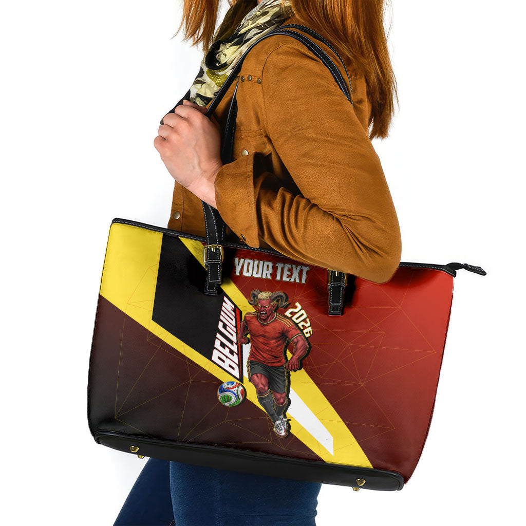 Personalized Belgium Red Devils Football Mascot Leather Tote Bag Fierce Devil Graphic With Belgian Flag