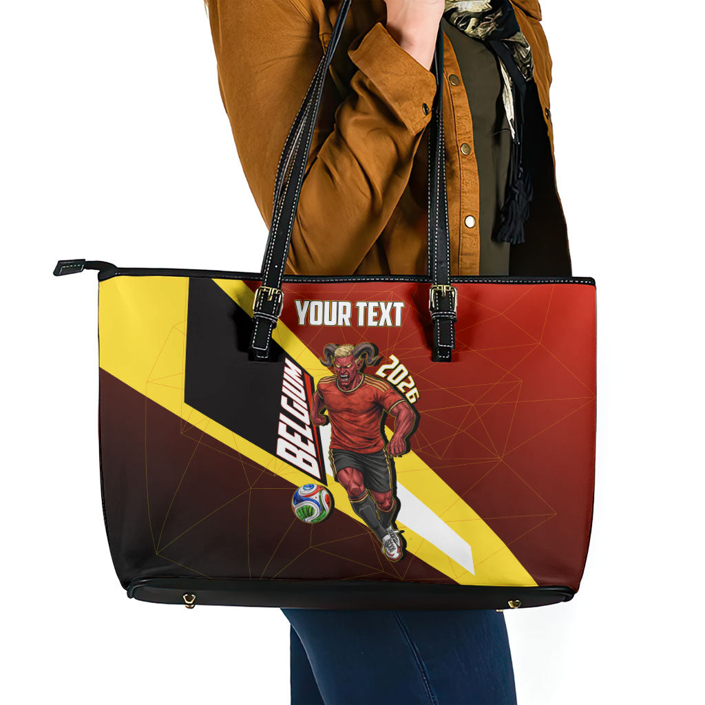 Personalized Belgium Red Devils Football Mascot Leather Tote Bag Fierce Devil Graphic With Belgian Flag
