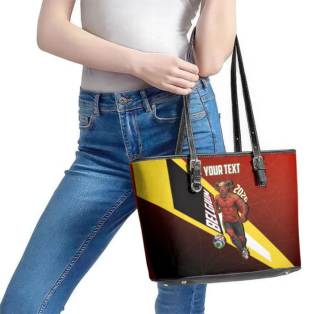 Personalized Belgium Red Devils Football Mascot Leather Tote Bag Fierce Devil Graphic With Belgian Flag